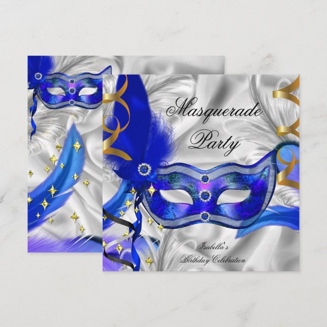 Masquerade Party Birthday Party Blue Silver Invitation (Front/Back)