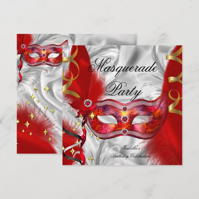 Masquerade Party Birthday Party Red Silver Invitation (Front/Back)