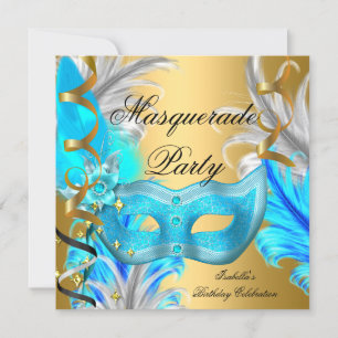 Masquerade Party Birthday Party Teal Blue Gold Invitation