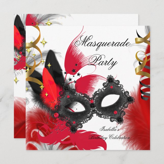 Masquerade Party Birthday Red Mask Black White Invitation (Front/Back)