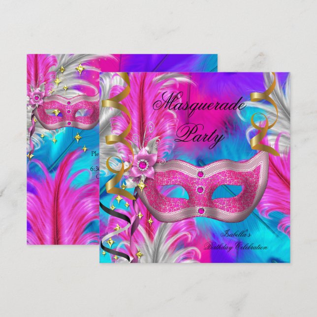 Masquerade Party Birthday Teal Purple Pink Invitation (Front/Back)