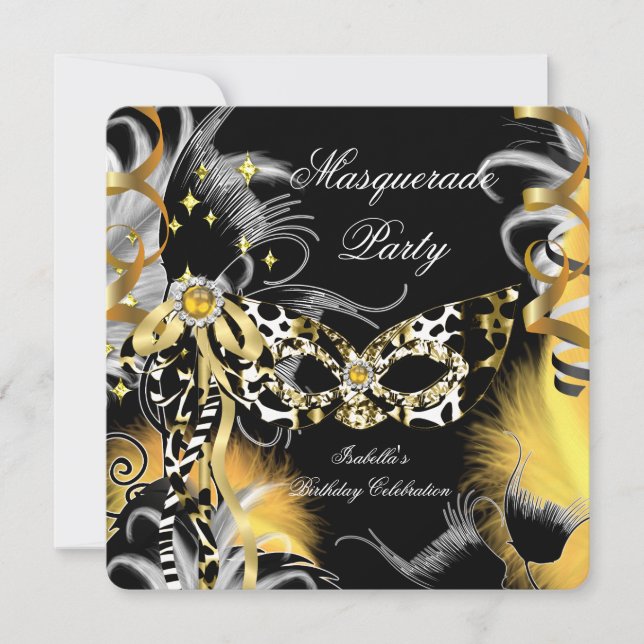 Masquerade Party Birthday Wild Mask Black Gold A Invitation (Front)
