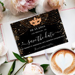 Masquerade party black gold glitter save the date announcement postcard<br><div class="desc">A girly and trendy Save the Date card for a 50th (or any age) birthday masquerade party. A classic black background decorated with faux gold glitter dust and a masquerade mask. Personalise and add a date and name/age. The text: Save the Date is written with a large trendy hand lettered...</div>