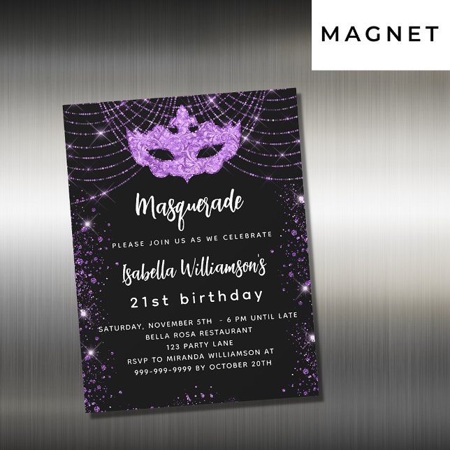Masquerade party black purple glitter luxury magnetic invitation (Creator Uploaded)