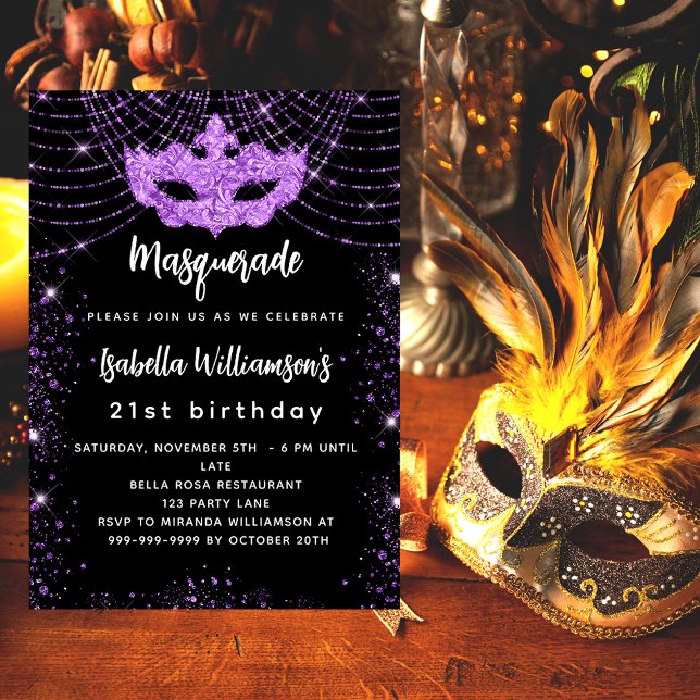 Masquerade party black purple glitter mask invitation (Creator Uploaded)