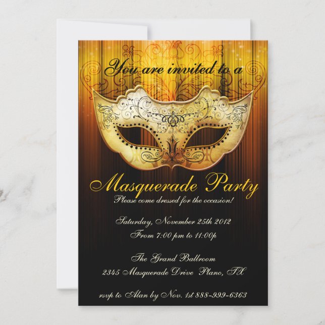 Masquerade Party Celebration Fancy Gold Invitation (Front)