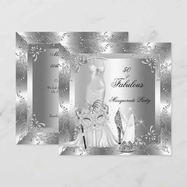 Masquerade Party Fabulous 50 Birthday Silver 2 Invitation (Front/Back)