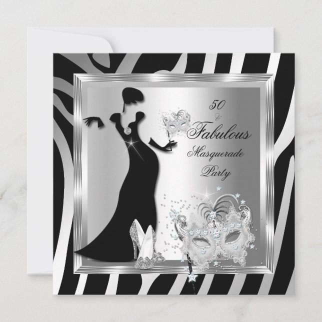Masquerade Party Fabulous 50 Zebra Silver Black Invitation (Front)