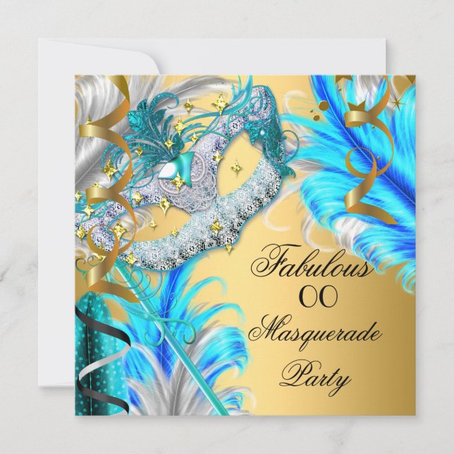 Masquerade Party Fabulous Birthday Teal Blue 2 Invitation (Front)