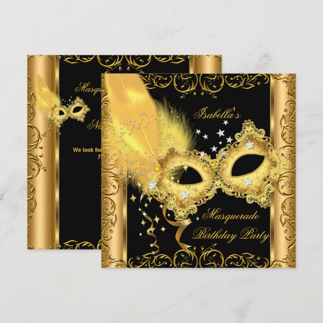 Masquerade Party Gold Black Yellow Mask 2 Invitation (Front/Back)