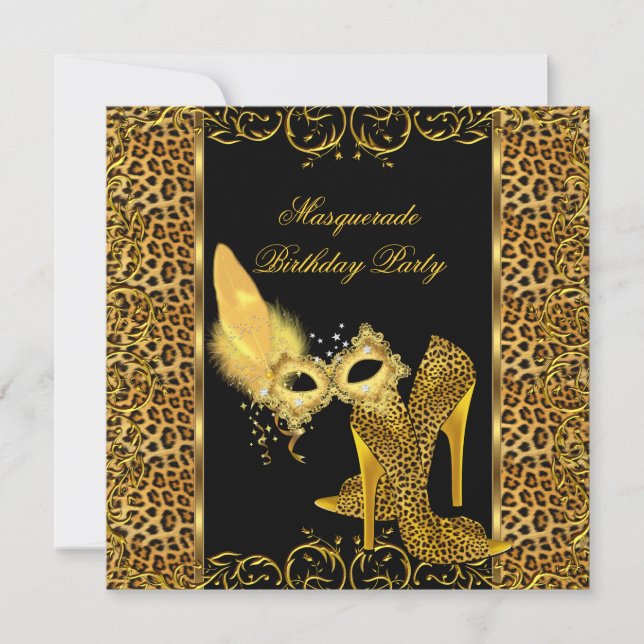 Masquerade Party Gold Leopard Mask High Heel Shoe Invitation (Front)