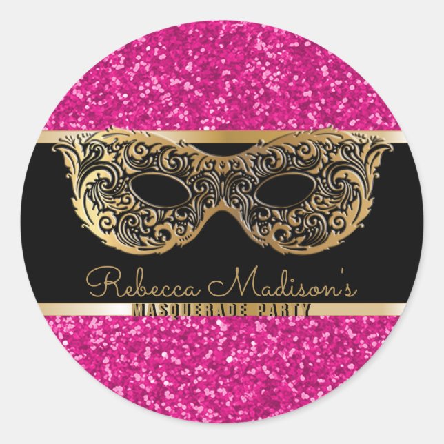 Masquerade Party Gold Pink Glitter Birthday Classic Round Sticker (Front)