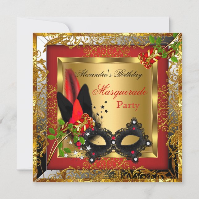 Masquerade Party Gold Red Black Mask Rose 2 Invitation (Front)