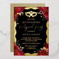 Masquerade Party Gold Red Rose Lace Quinceanera