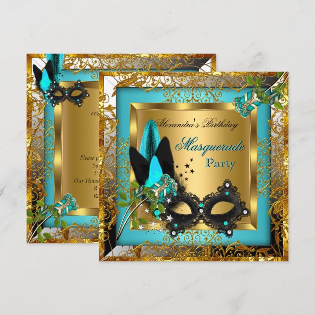 Masquerade Party Gold Teal Black Mask Rose Invitation (Front/Back)
