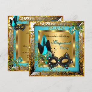 Masquerade Party Gold Teal Black Mask Rose Invitation