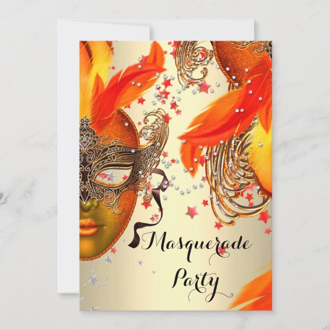 Masquerade Party Gold Yellow Orange Cream Masks Invitation (Front)