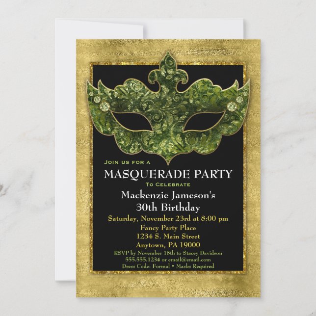Masquerade Party Invitation Gold Green Birthday (Front)