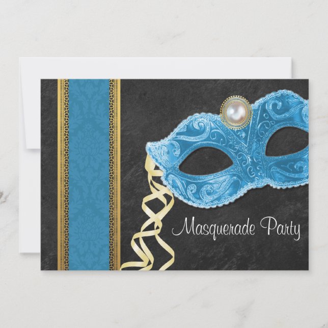 Masquerade Party Invitation - teal & gold (Front)