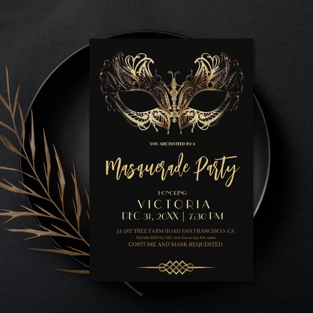 Masquerade Party Luxury Black Gold Birthday  Invitation (Creator Uploaded)