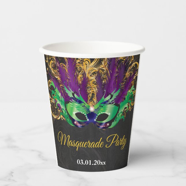 Masquerade Party Magical Night Green Purple Gold Paper Cups (Front)