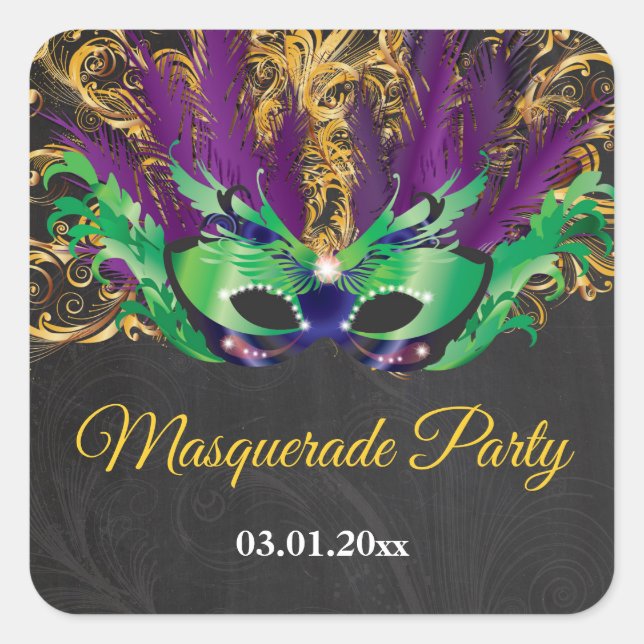 Masquerade Party Magical Night Green Purple Gold Square Sticker (Front)