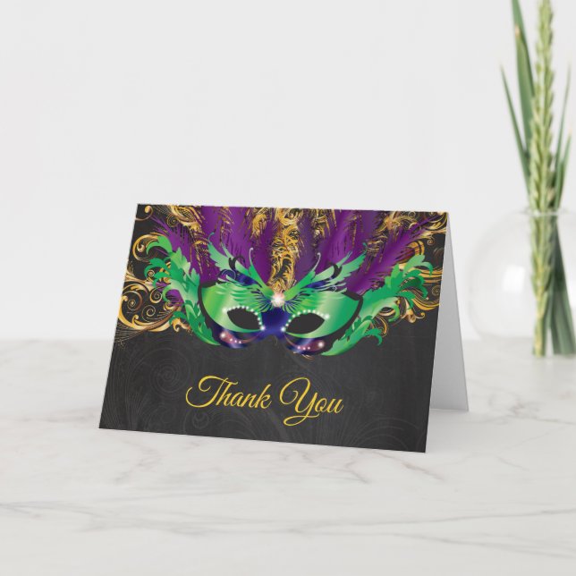 Masquerade Party Magical Night Green Purple Gold Thank You Card (Front)
