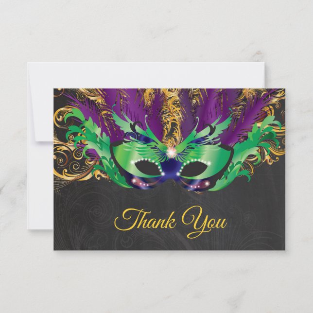 Masquerade Party Magical Night Green Purple Gold Thank You Card (Front)