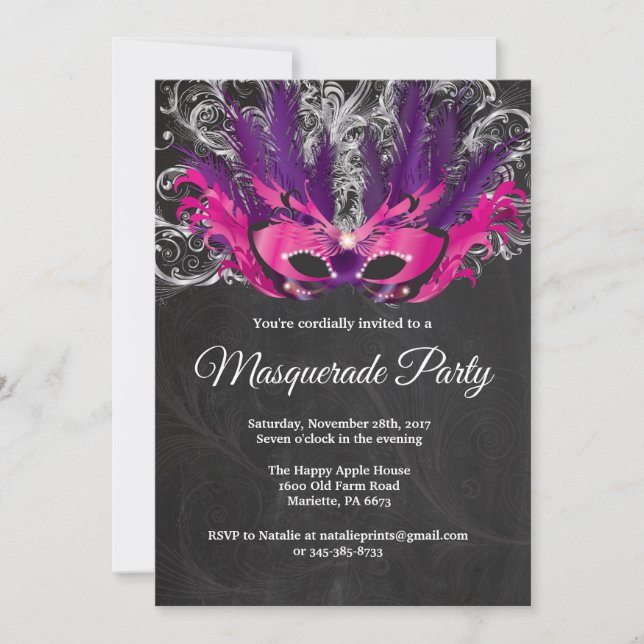 Masquerade Party Magical Night Pink Purple Silver Invitation (Front)