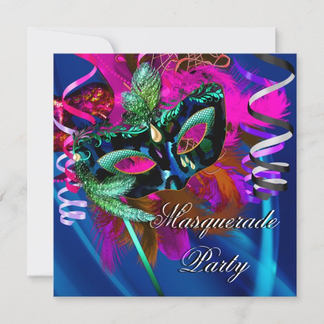 Masquerade Party Mask Black Blue Pink Mardi Gras Invitation (Front)