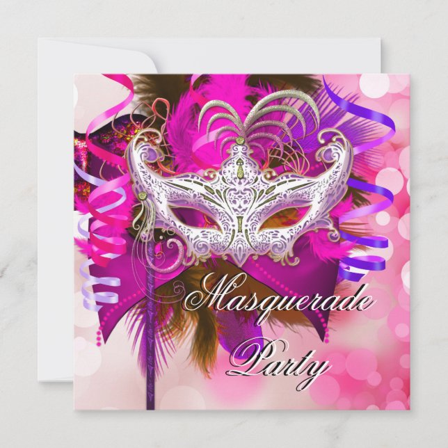 Masquerade Party Mask Black Purple Pink Mardi Gras Invitation (Front)