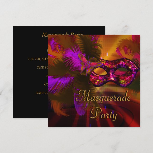 Masquerade Party Mask Black Purple Red Mardi Gras Invitation (Front/Back)