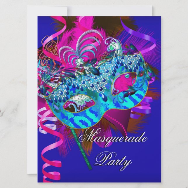 Masquerade Party Mask Blue Teal Pink Metallic Invitation (Front)