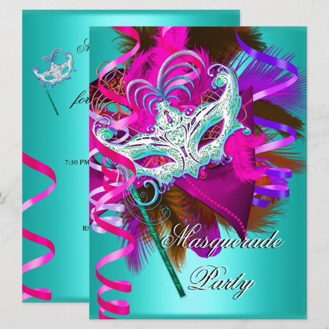 Masquerade Party Mask Teal Pink Metallic Invitation (Front/Back)