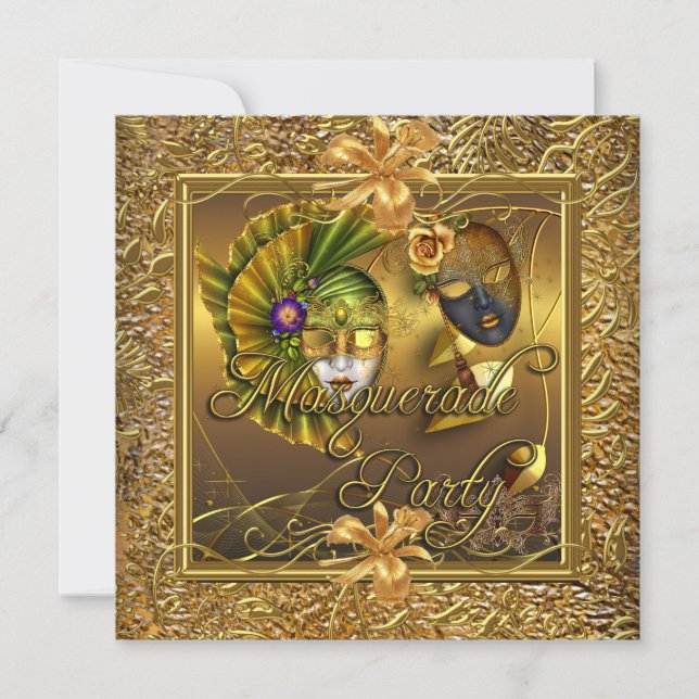 Masquerade Party Masks Gold Black Birthday Invitation (Front)