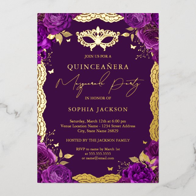 Masquerade Party Purple Floral Lace Quinceanera  (Front)