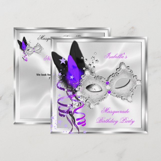 Masquerade Party Purple Silver Black Mask 2 Invitation (Front/Back)