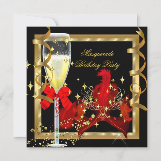 Masquerade Party Red Gold Mask Champagne Invitation (Front)