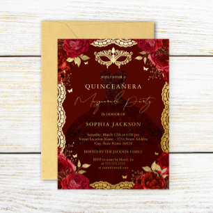Masquerade Party Red Gold Rose Dress Quinceanera