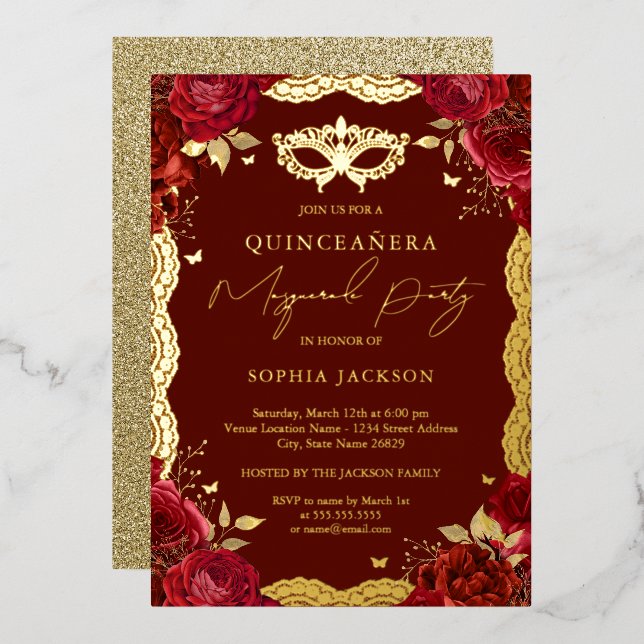 Masquerade Party Red Gold Rose Lace Quinceanera  (Front/Back)