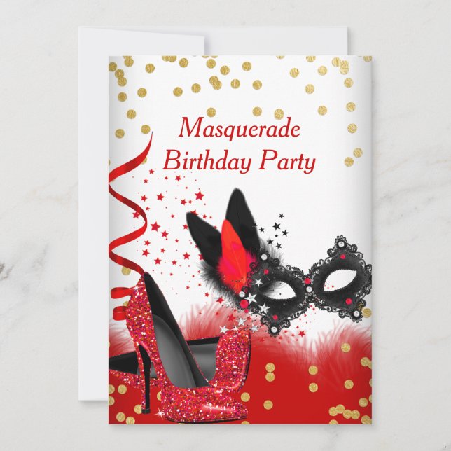 Masquerade Party Red Heels White Gold Black Mask 2 Invitation (Front)