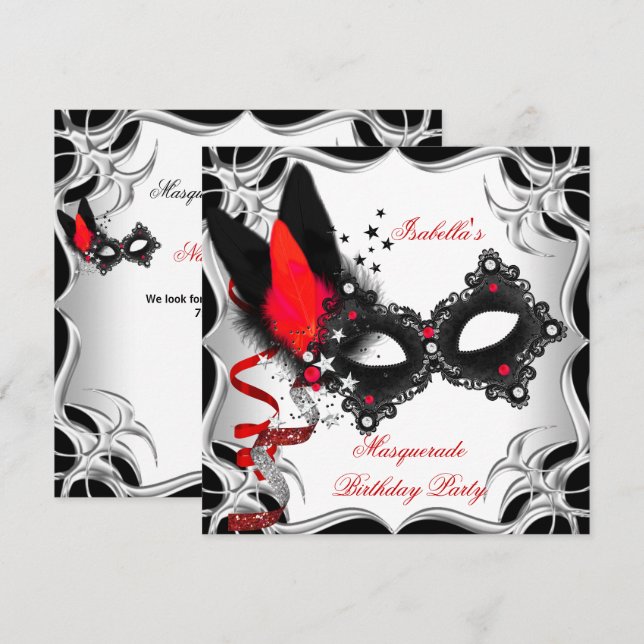 Masquerade Party Red Silver Black Mask Invitation (Front/Back)