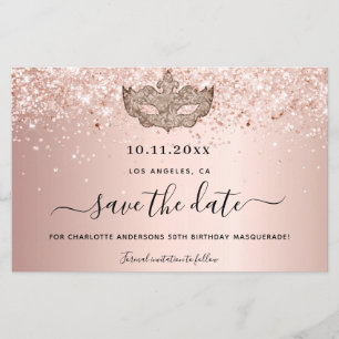 Masquerade party rose gold save the date card