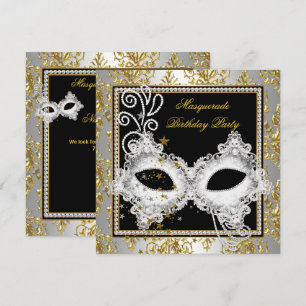 Masquerade Party Silver Gold Damask Black Mask Invitation