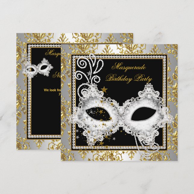 Masquerade Party Silver Gold Damask Black Mask Invitation (Front/Back)