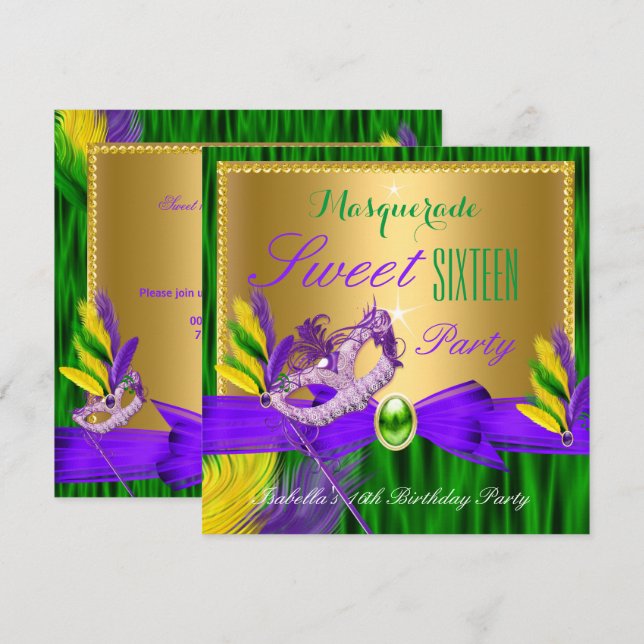 Masquerade Party Sweet 16 Purple Green Gold Invitation (Front/Back)