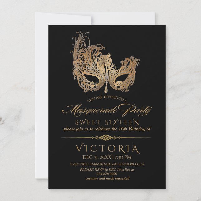  Masquerade Party Sweet Sixteen Gold Mask  Invitation (Front)