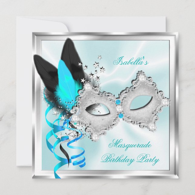 Masquerade Party Teal Silver Black Mask Invitation (Front)