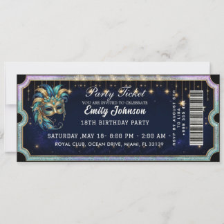 Masquerade Party Ticket Birthday Invitation Gold
