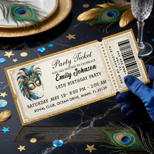 Masquerade Party Ticket Birthday Invitation Gold